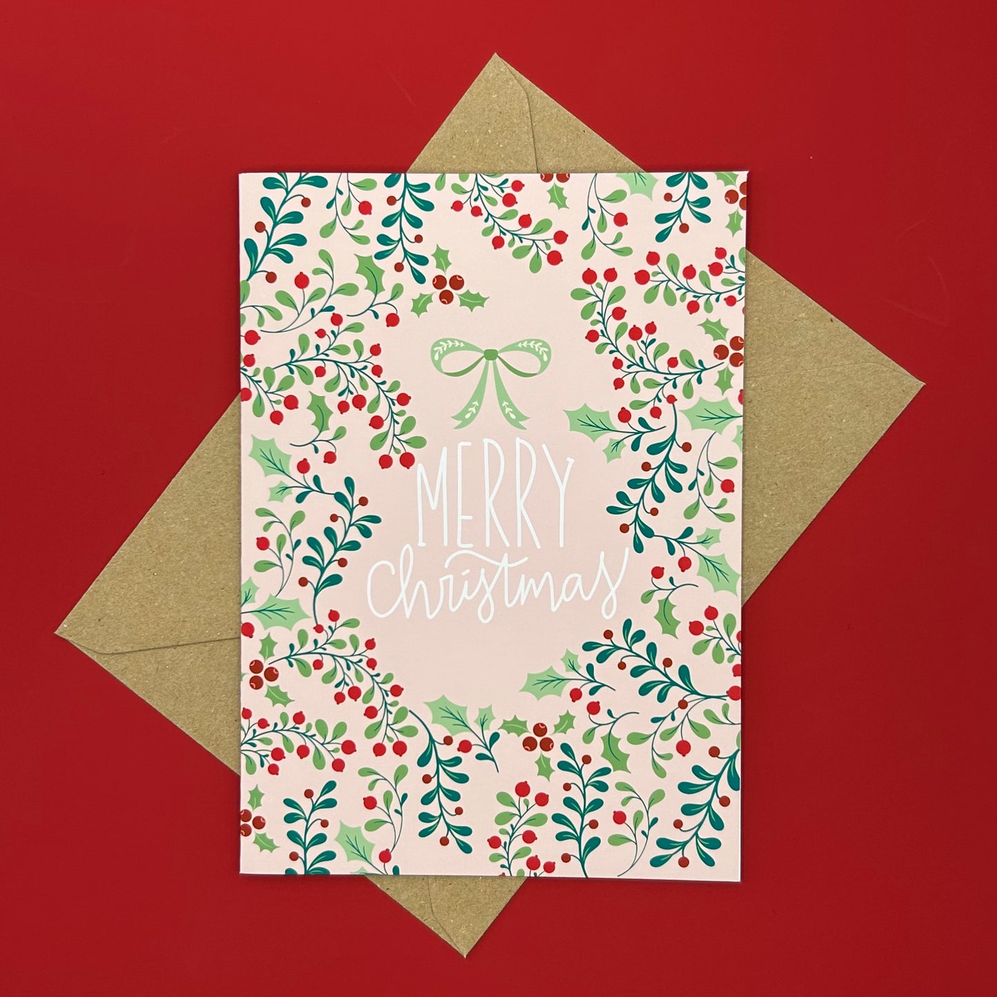 Pink Holly Garland Christmas Card