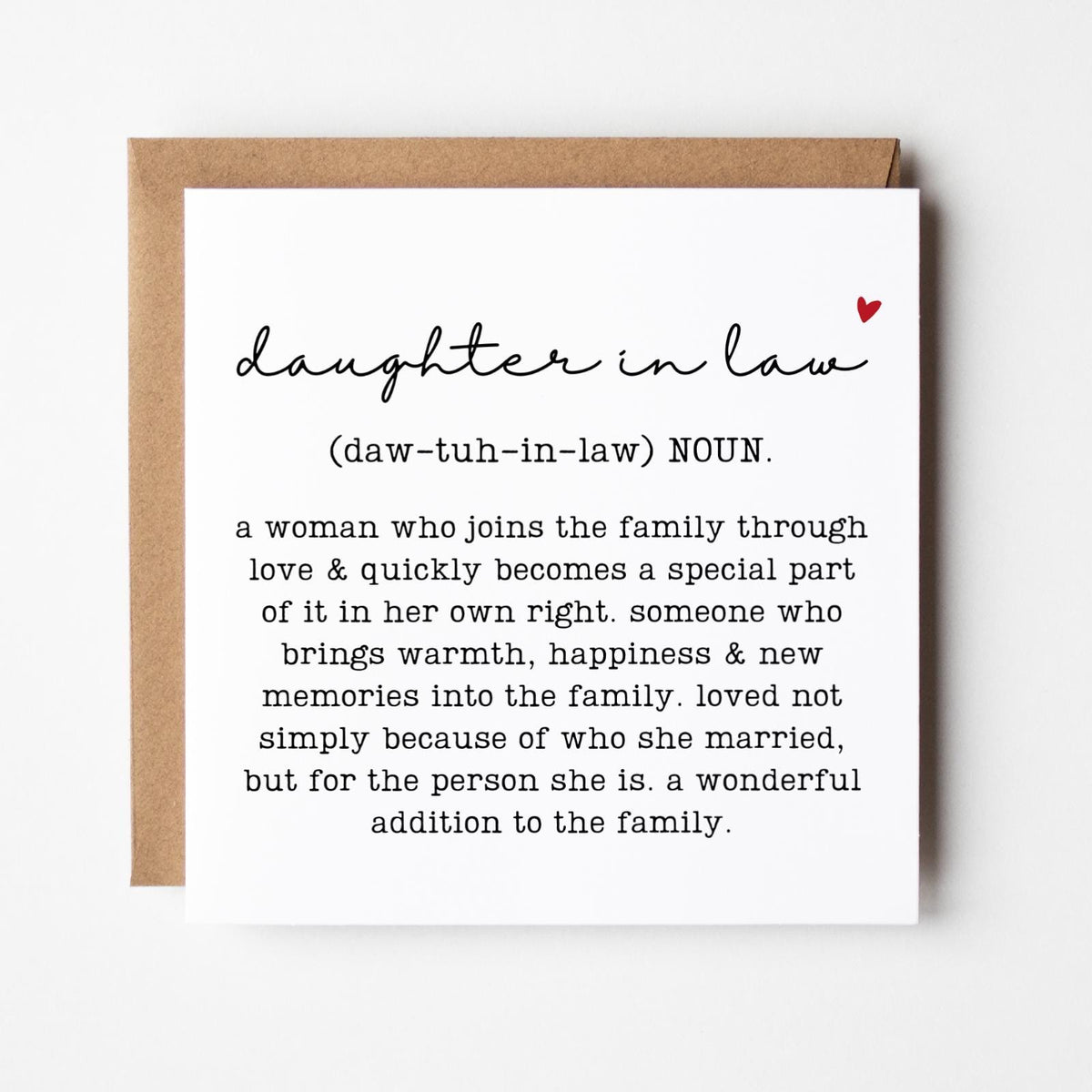 Daughter in Law Definition Greeting Card, Birthday Gift for In Laws Family Relation Present, Thoughtful, Special, Minimal, Free Delivery